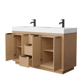Maroni 60 Inch Double Bathroom Vanity in Light Straw, 4 Inch Thick Matte White Solid Surface Countertop, Integrated Sinks, Matte Black Trim