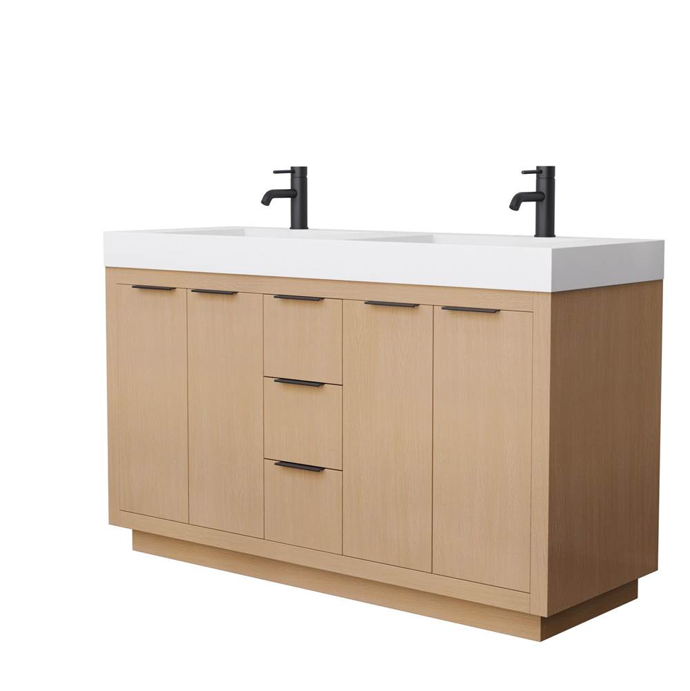 Wyndham Collection - Maroni 60 Inch Double Bathroom Vanity in Light Straw, 4 Inch Thick Matte White Solid Surface Countertop, Integrated Sinks, Matte Black Trim