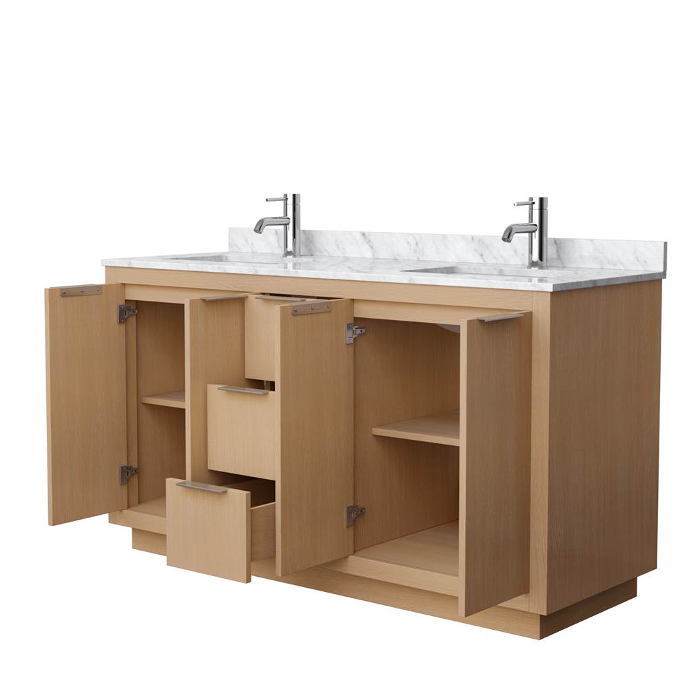 Maroni 60 Inch Double Bathroom Vanity in Light Straw, White Carrara Marble Countertop, Undermount Square Sinks