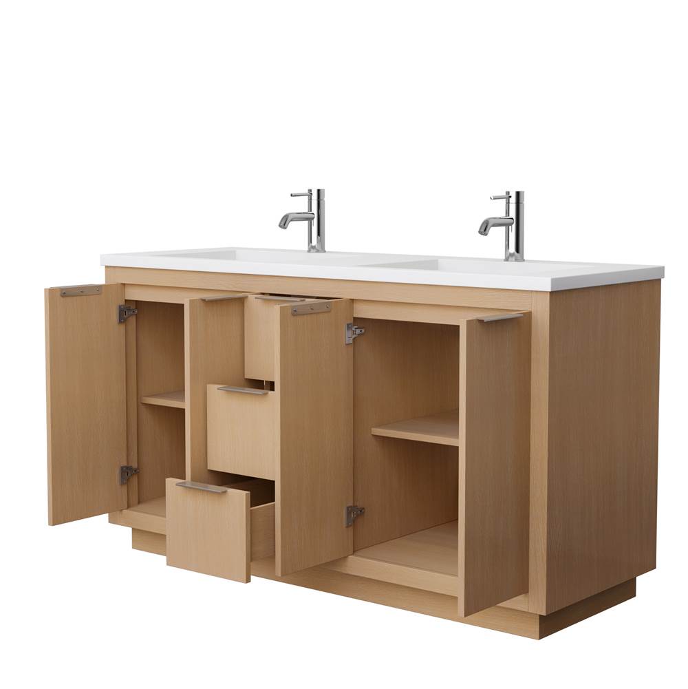 Maroni 60 Inch Double Bathroom Vanity in Light Straw, 1.25 Inch Thick Matte White Solid Surface Countertop, Integrated Sinks