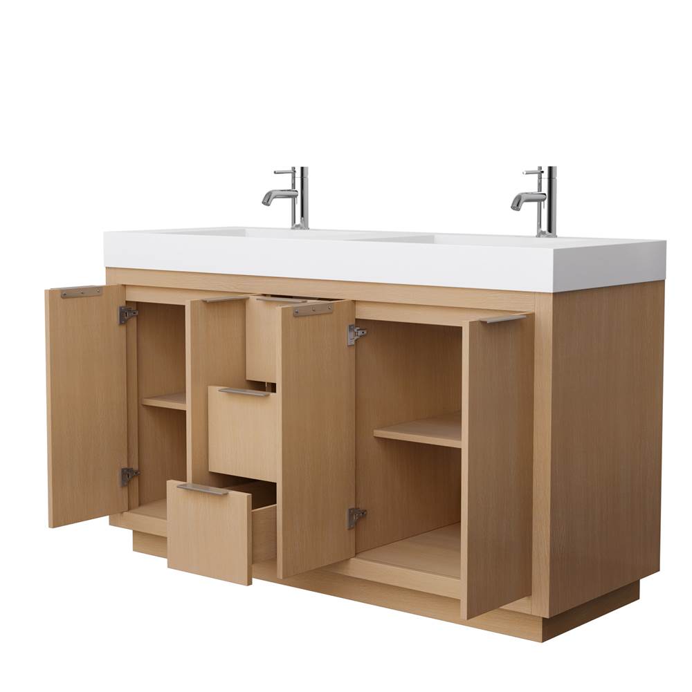 Maroni 60 Inch Double Bathroom Vanity in Light Straw, 4 Inch Thick Matte White Solid Surface Countertop, Integrated Sinks