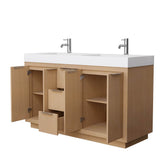 Maroni 60 Inch Double Bathroom Vanity in Light Straw, 4 Inch Thick Matte White Solid Surface Countertop, Integrated Sinks