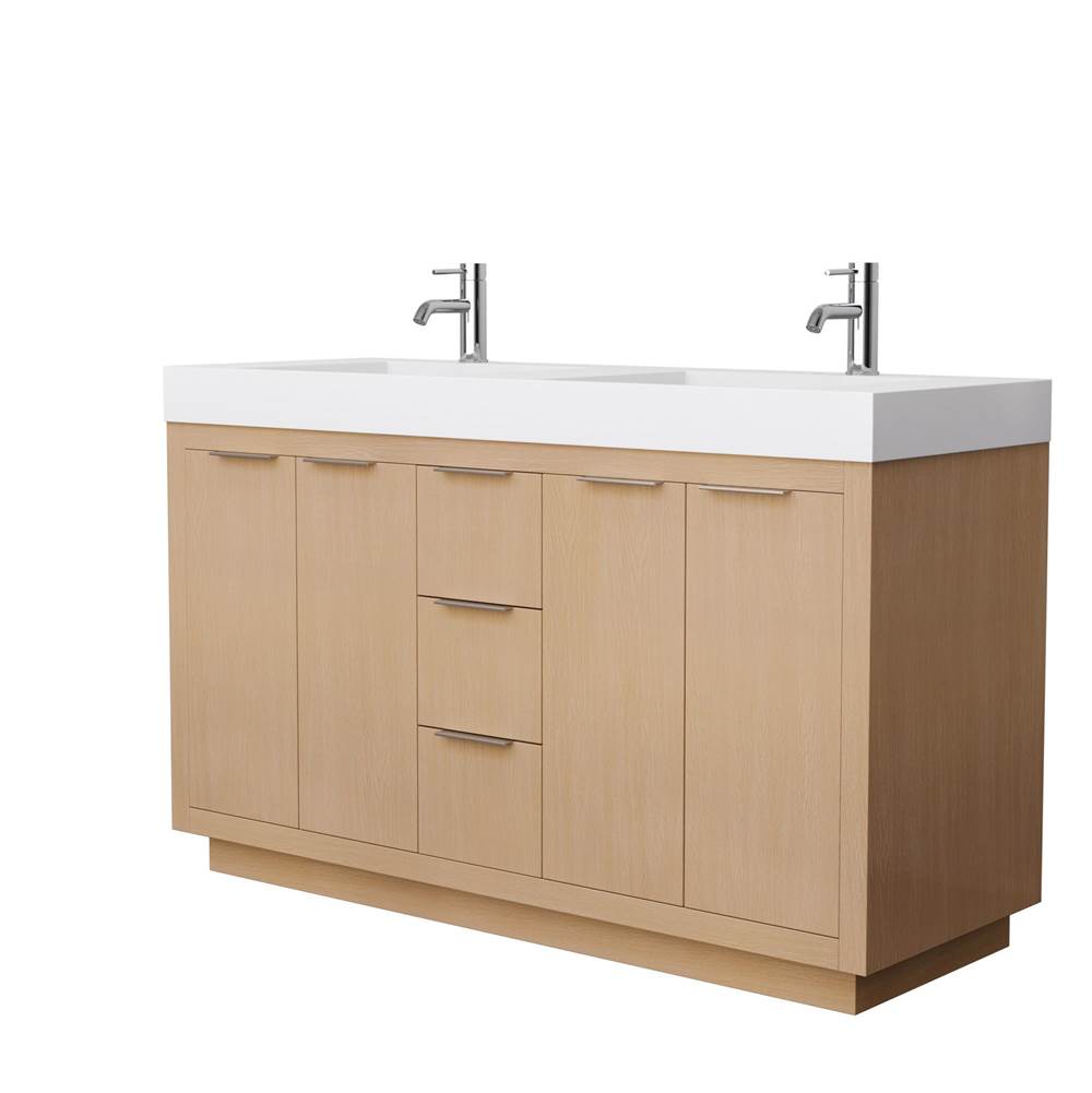 Wyndham Collection - Maroni 60 Inch Double Bathroom Vanity in Light Straw, 4 Inch Thick Matte White Solid Surface Countertop, Integrated Sinks