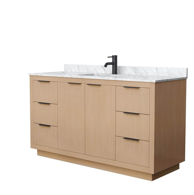 Wyndham Collection - Maroni 60 Inch Single Bathroom Vanity in Light Straw, White Carrara Marble Countertop, Undermount Square Sink, Matte Black Trim