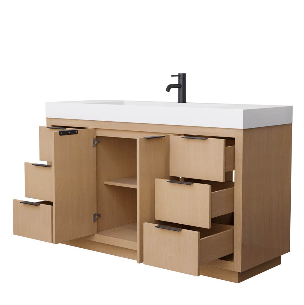 Maroni 60 Inch Single Bathroom Vanity in Light Straw, 4 Inch Thick Matte White Solid Surface Countertop, Integrated Sink, Matte Black Trim