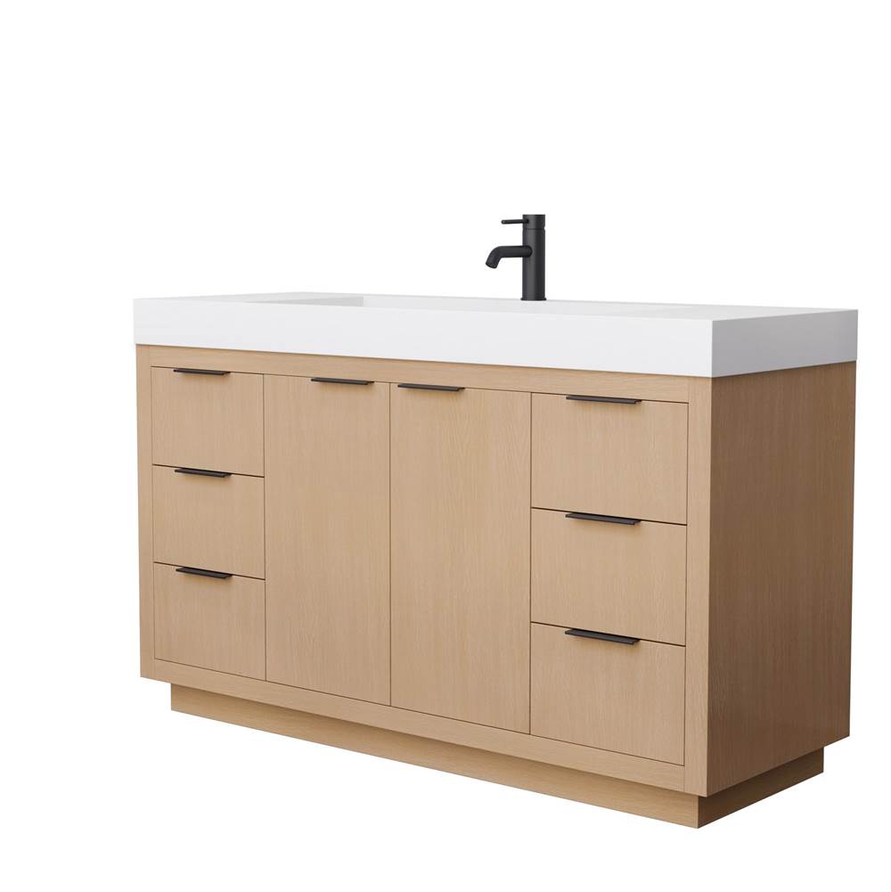 Wyndham Collection - Maroni 60 Inch Single Bathroom Vanity in Light Straw, 4 Inch Thick Matte White Solid Surface Countertop, Integrated Sink, Matte Black Trim