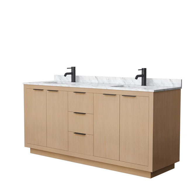 Wyndham Collection - Maroni 72 Inch Double Bathroom Vanity in Light Straw, White Carrara Marble Countertop, Undermount Square Sinks, Matte Black Trim