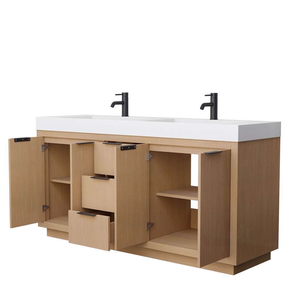 Maroni 72 Inch Double Bathroom Vanity in Light Straw, 4 Inch Thick Matte White Solid Surface Countertop, Integrated Sinks, Matte Black Trim