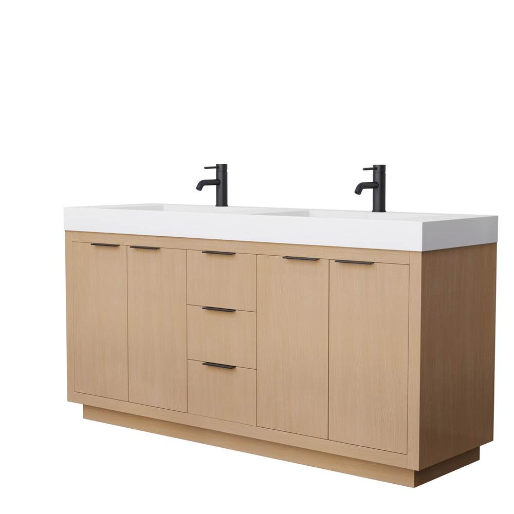 Wyndham Collection - Maroni 72 Inch Double Bathroom Vanity in Light Straw, 4 Inch Thick Matte White Solid Surface Countertop, Integrated Sinks, Matte Black Trim