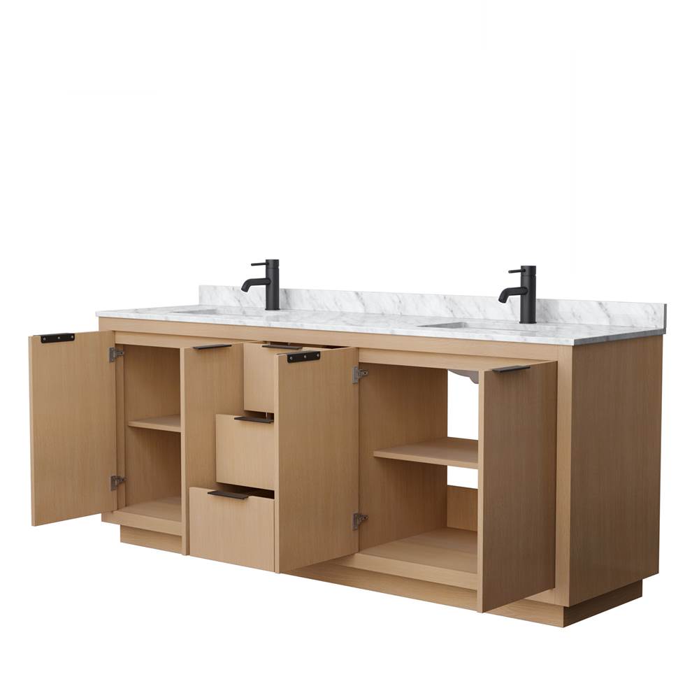 Maroni 80 Inch Double Bathroom Vanity in Light Straw, White Carrara Marble Countertop, Undermount Square Sinks, Matte Black Trim