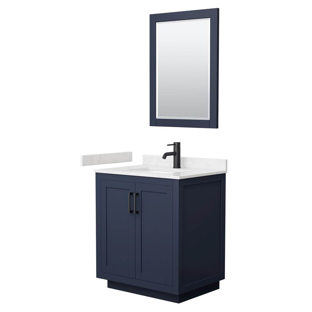 Wyndham Collection - Miranda 30 Inch Single Bathroom Vanity in Dark Blue, Carrara Cultured Marble Countertop, Undermount Square Sink, Matte Black Trim, 24 Inch Mirror