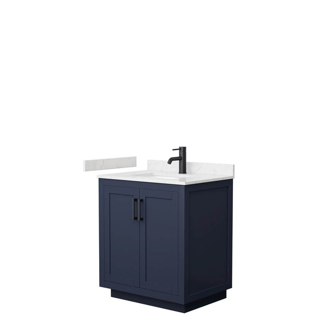 Wyndham Collection - Miranda 30 Inch Single Bathroom Vanity in Dark Blue, Carrara Cultured Marble Countertop, Undermount Square Sink, Matte Black Trim
