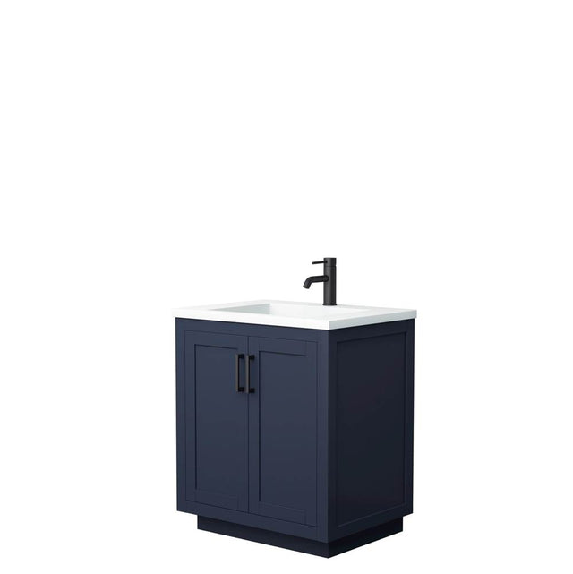 Wyndham Collection - Miranda 30 Inch Single Bathroom Vanity in Dark Blue, 1.25 Inch Thick Matte White Solid Surface Countertop, Integrated Sink, Matte Black Trim