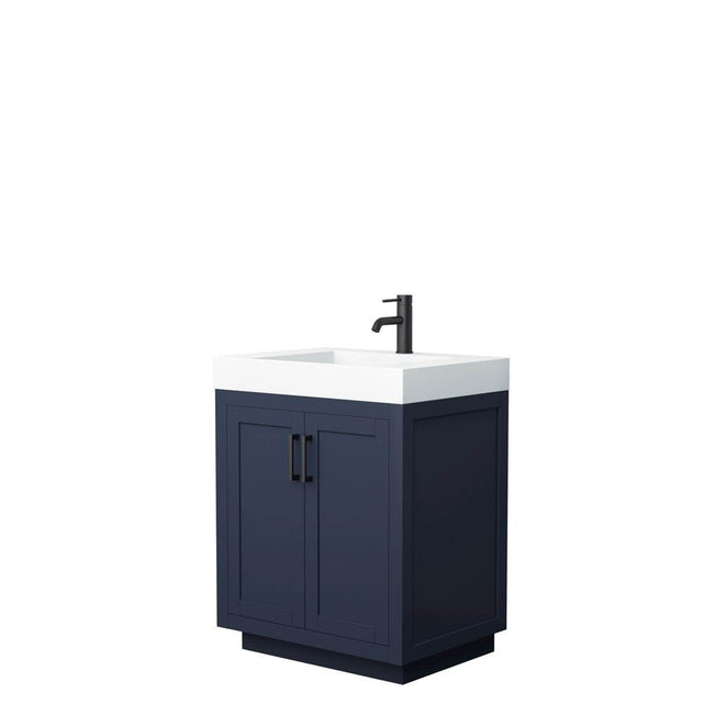 Wyndham Collection - Miranda 30 Inch Single Bathroom Vanity in Dark Blue, 4 Inch Thick Matte White Solid Surface Countertop, Integrated Sink, Matte Black Trim