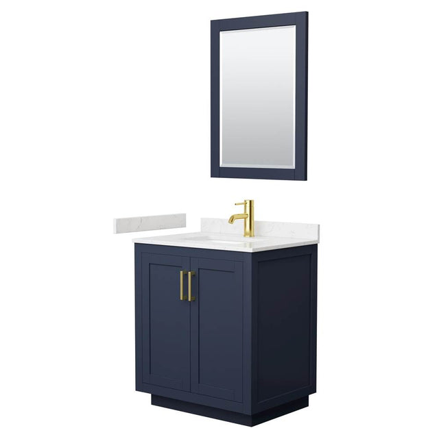 Wyndham Collection - Miranda 30 Inch Single Bathroom Vanity in Dark Blue, Carrara Cultured Marble Countertop, Undermount Square Sink, Brushed Gold Trim, 24 Inch Mirror