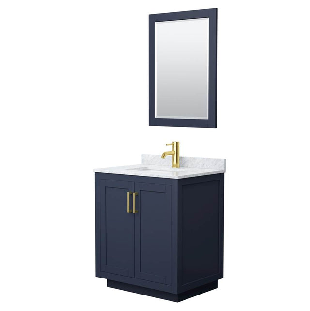 Wyndham Collection - Miranda 30 Inch Single Bathroom Vanity in Dark Blue, White Carrara Marble Countertop, Undermount Square Sink, Brushed Gold Trim, 24 Inch Mirror
