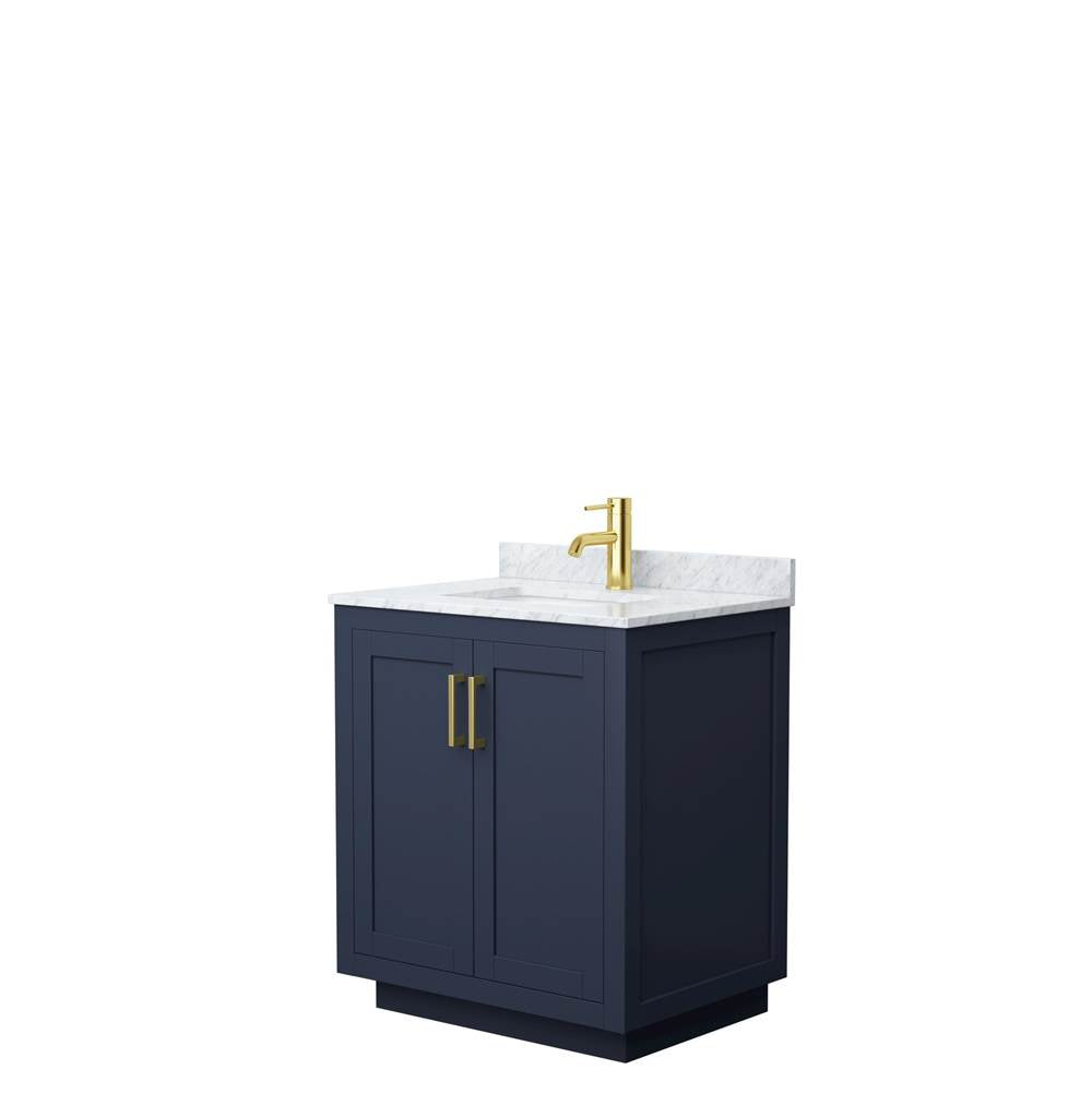Wyndham Collection - Miranda 30 Inch Single Bathroom Vanity in Dark Blue, White Carrara Marble Countertop, Undermount Square Sink, Brushed Gold Trim