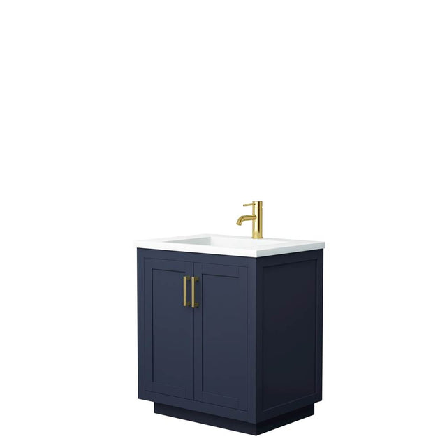 Wyndham Collection - Miranda 30 Inch Single Bathroom Vanity in Dark Blue, 1.25 Inch Thick Matte White Solid Surface Countertop, Integrated Sink, Brushed Gold Trim