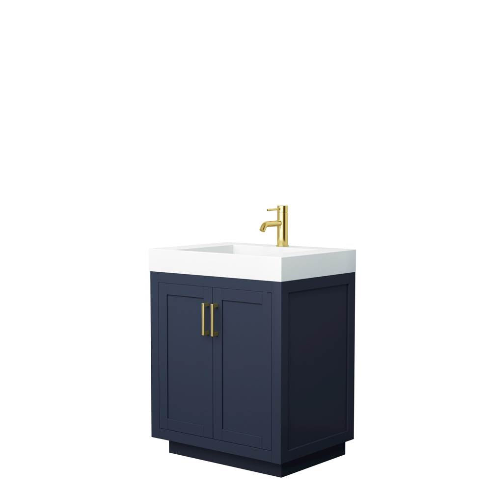Wyndham Collection - Miranda 30 Inch Single Bathroom Vanity in Dark Blue, 4 Inch Thick Matte White Solid Surface Countertop, Integrated Sink, Brushed Gold Trim
