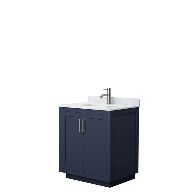 Wyndham Collection - Miranda 30 Inch Single Bathroom Vanity in Dark Blue, White Carrara Marble Countertop, Undermount Square Sink, Brushed Nickel Trim