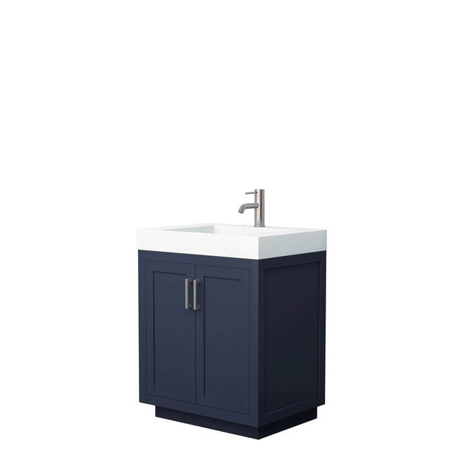 Wyndham Collection - Miranda 30 Inch Single Bathroom Vanity in Dark Blue, 4 Inch Thick Matte White Solid Surface Countertop, Integrated Sink, Brushed Nickel Trim