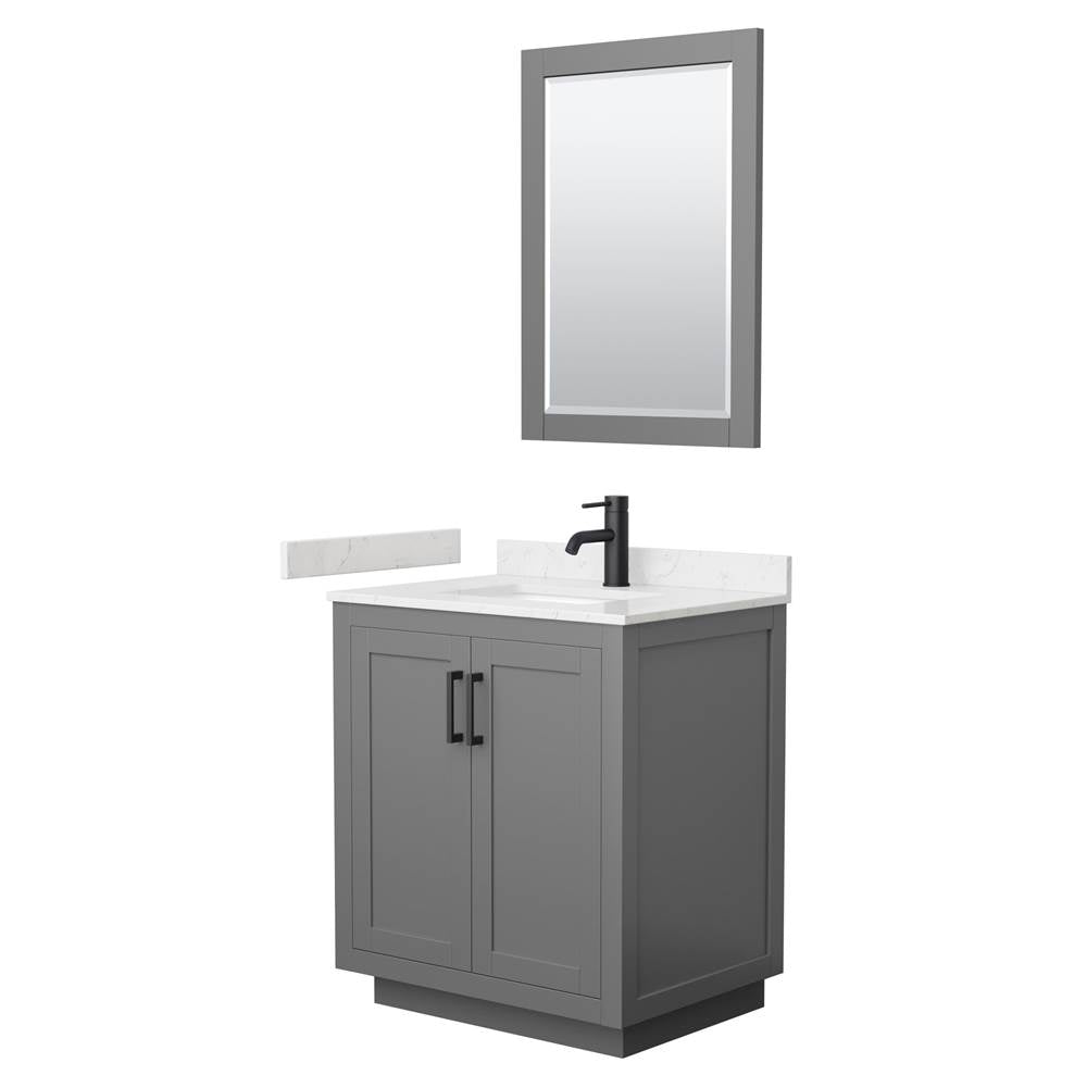 Wyndham Collection - Miranda 30 Inch Single Bathroom Vanity in Dark Gray, Carrara Cultured Marble Countertop, Undermount Square Sink, Matte Black Trim, 24 Inch Mirror