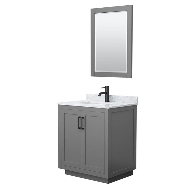 Wyndham Collection - Miranda 30 Inch Single Bathroom Vanity in Dark Gray, White Carrara Marble Countertop, Undermount Square Sink, Matte Black Trim, 24 Inch Mirror