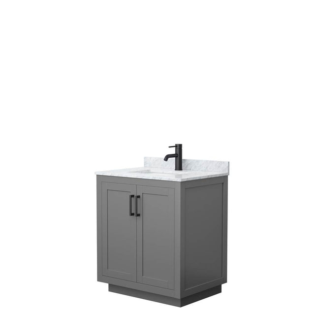 Wyndham Collection - Miranda 30 Inch Single Bathroom Vanity in Dark Gray, White Carrara Marble Countertop, Undermount Square Sink, Matte Black Trim