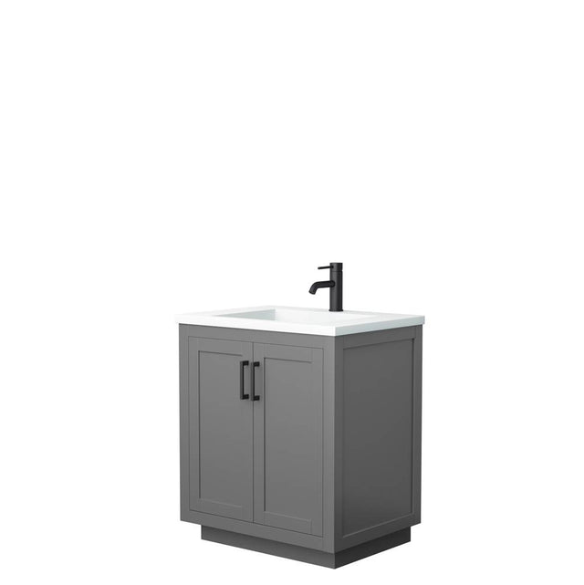 Wyndham Collection - Miranda 30 Inch Single Bathroom Vanity in Dark Gray, 1.25 Inch Thick Matte White Solid Surface Countertop, Integrated Sink, Matte Black Trim
