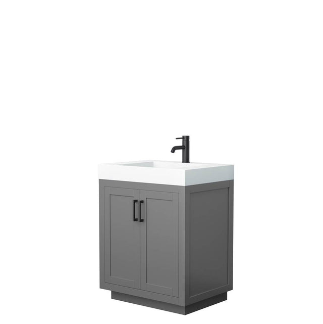 Wyndham Collection - Miranda 30 Inch Single Bathroom Vanity in Dark Gray, 4 Inch Thick Matte White Solid Surface Countertop, Integrated Sink, Matte Black Trim