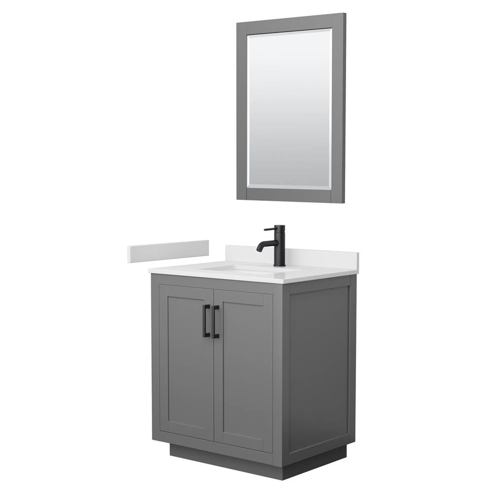 Wyndham Collection - Miranda 30 Inch Single Bathroom Vanity in Dark Gray, White Cultured Marble Countertop, Undermount Square Sink, Matte Black Trim, 24 Inch Mirror