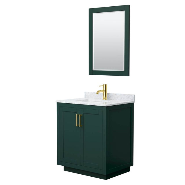 Wyndham Collection - Miranda 30 Inch Single Bathroom Vanity in Green, White Carrara Marble Countertop, Undermount Square Sink, Brushed Gold Trim, 24 Inch Mirror