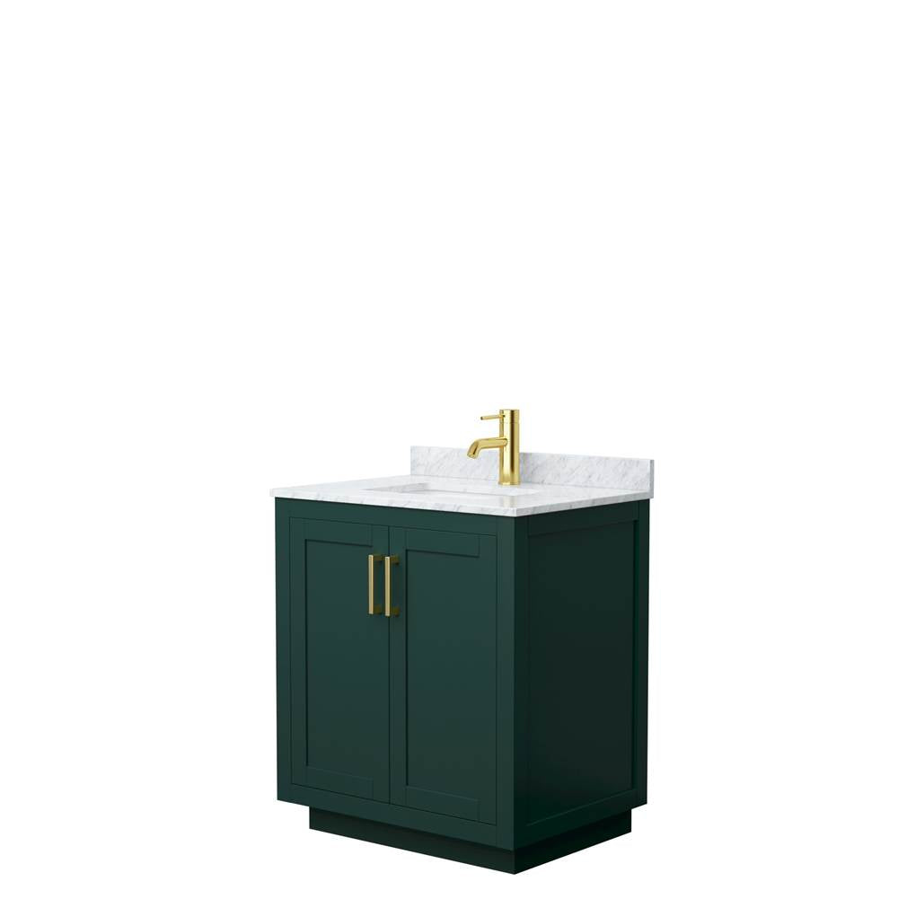 Wyndham Collection - Miranda 30 Inch Single Bathroom Vanity in Green, White Carrara Marble Countertop, Undermount Square Sink, Brushed Gold Trim