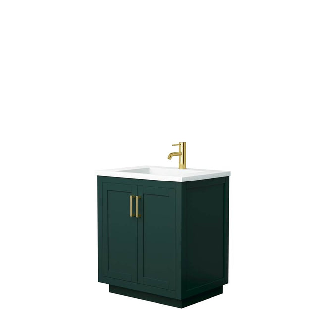 Wyndham Collection - Miranda 30 Inch Single Bathroom Vanity in Green, 1.25 Inch Thick Matte White Solid Surface Countertop, Integrated Sink, Brushed Gold Trim