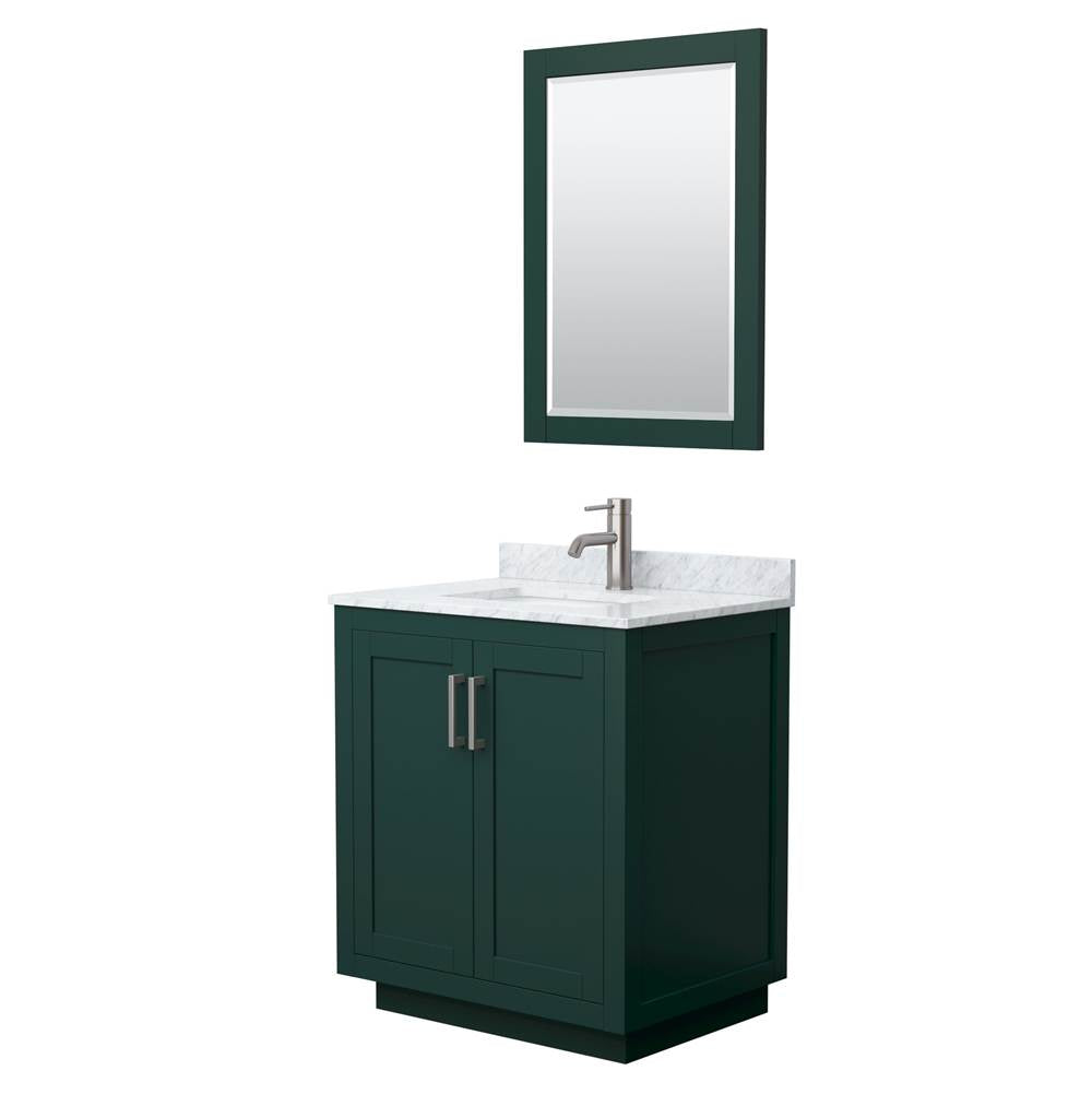 Wyndham Collection - Miranda 30 Inch Single Bathroom Vanity in Green, White Carrara Marble Countertop, Undermount Square Sink, Brushed Nickel Trim, 24 Inch Mirror