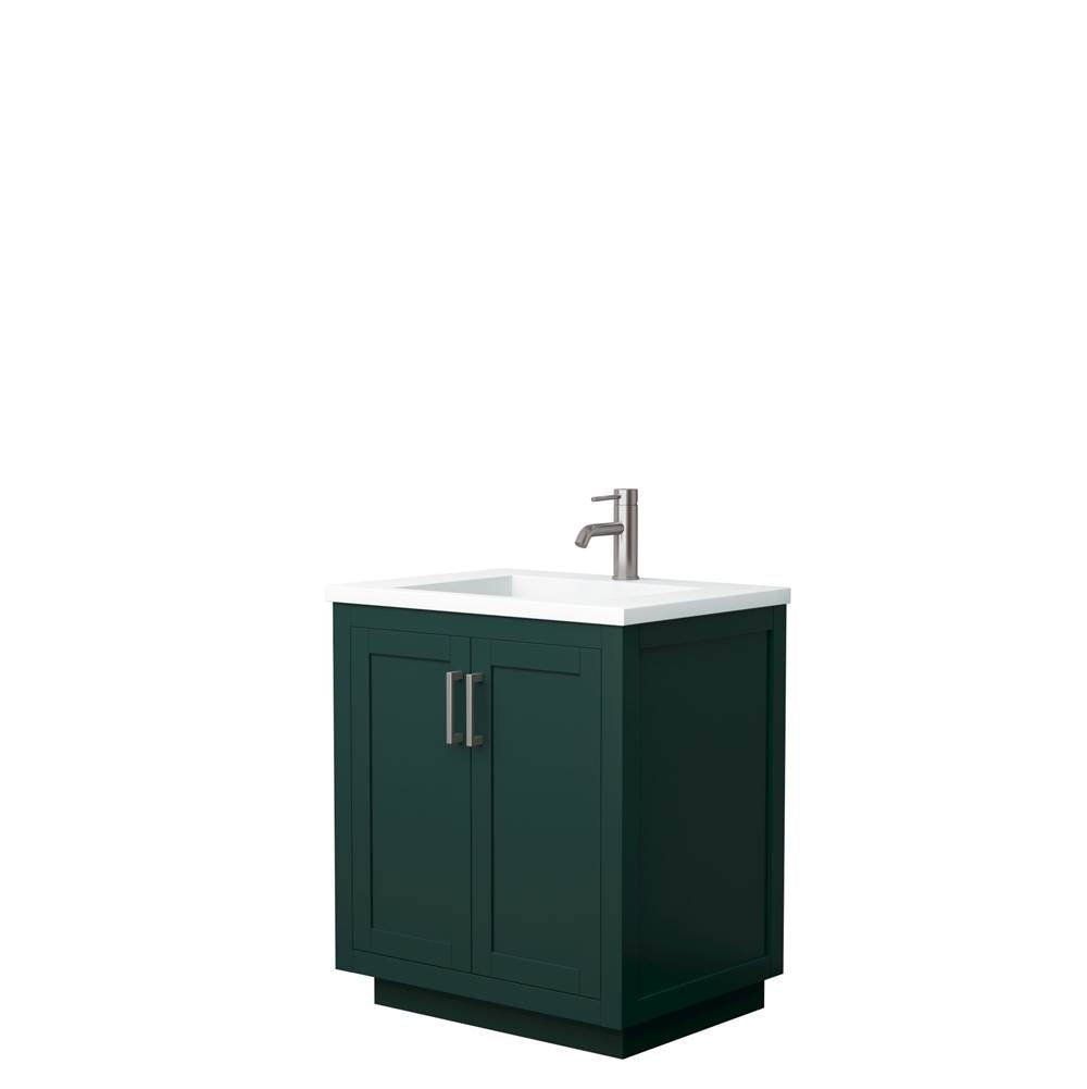 Wyndham Collection - Miranda 30 Inch Single Bathroom Vanity in Green, 1.25 Inch Thick Matte White Solid Surface Countertop, Integrated Sink, Brushed Nickel Trim