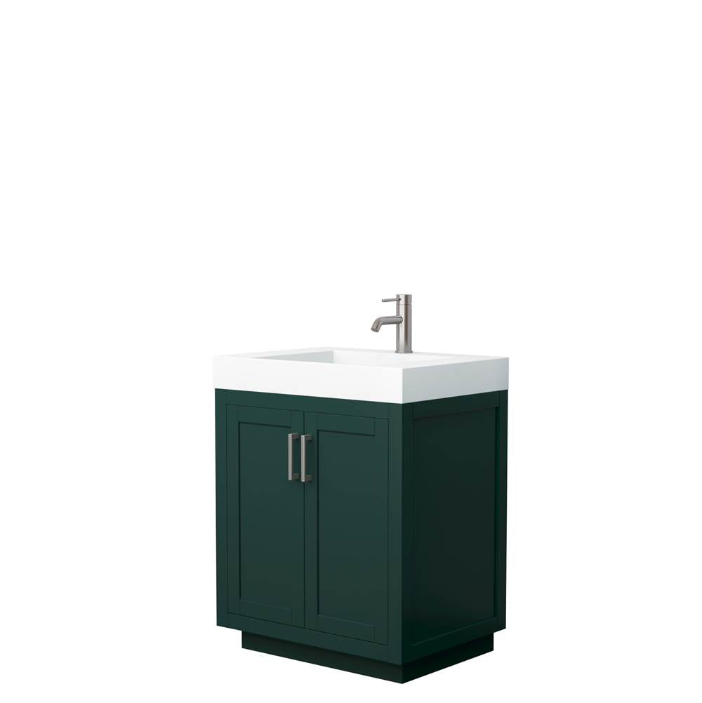 Wyndham Collection - Miranda 30 Inch Single Bathroom Vanity in Green, 4 Inch Thick Matte White Solid Surface Countertop, Integrated Sink, Brushed Nickel Trim