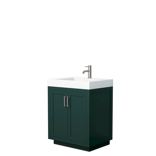 Wyndham Collection - Miranda 30 Inch Single Bathroom Vanity in Green, 4 Inch Thick Matte White Solid Surface Countertop, Integrated Sink, Brushed Nickel Trim