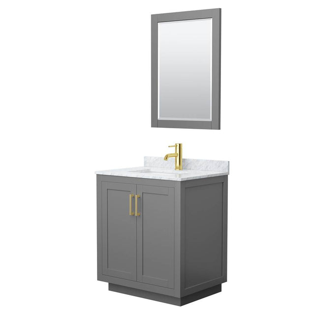 Wyndham Collection - Miranda 30 Inch Single Bathroom Vanity in Dark Gray, White Carrara Marble Countertop, Undermount Square Sink, Brushed Gold Trim, 24 Inch Mirror