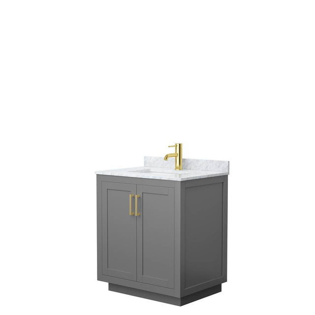 Wyndham Collection - Miranda 30 Inch Single Bathroom Vanity in Dark Gray, White Carrara Marble Countertop, Undermount Square Sink, Brushed Gold Trim
