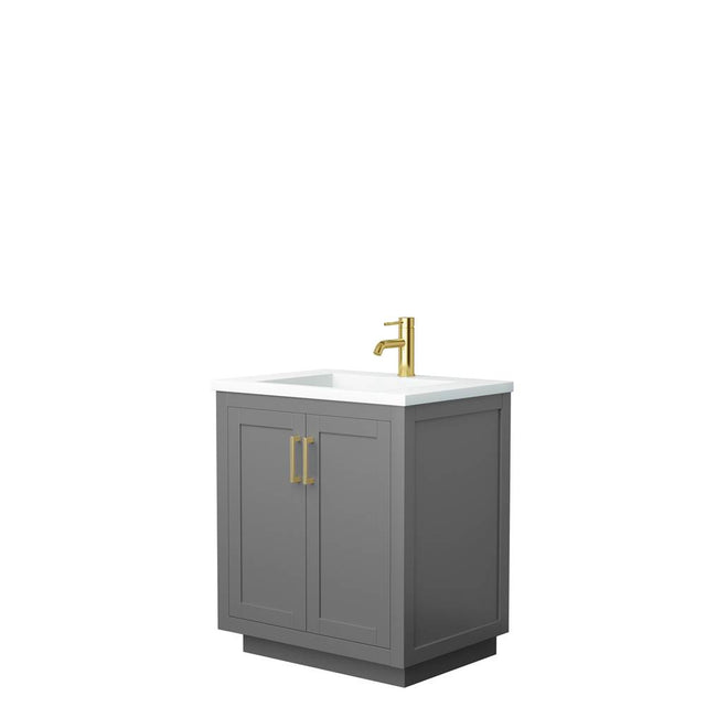 Wyndham Collection - Miranda 30 Inch Single Bathroom Vanity in Dark Gray, 1.25 Inch Thick Matte White Solid Surface Countertop, Integrated Sink, Brushed Gold Trim