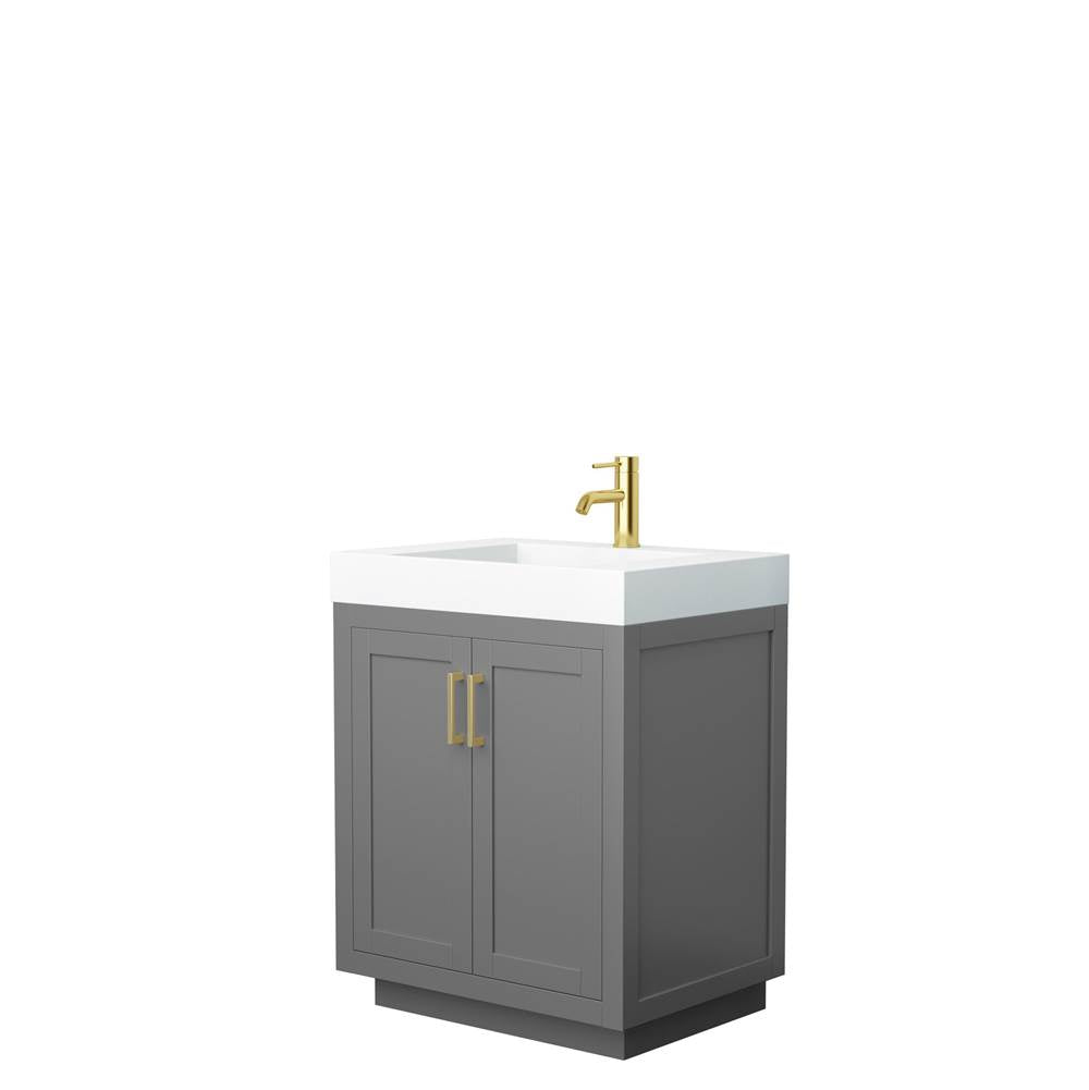 Wyndham Collection - Miranda 30 Inch Single Bathroom Vanity in Dark Gray, 4 Inch Thick Matte White Solid Surface Countertop, Integrated Sink, Brushed Gold Trim