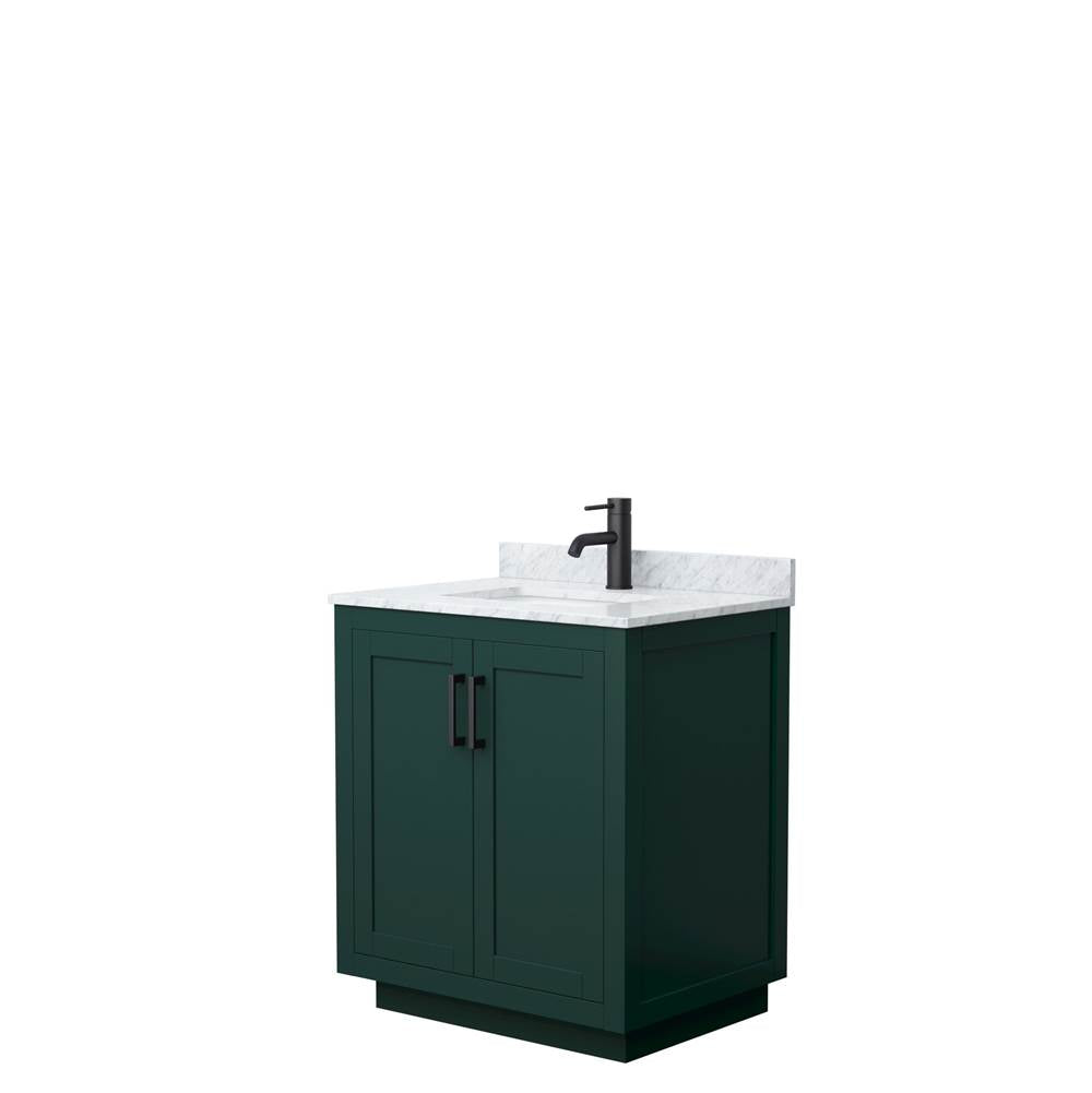 Wyndham Collection - Miranda 30 Inch Single Bathroom Vanity in Green, White Carrara Marble Countertop, Undermount Square Sink, Matte Black Trim