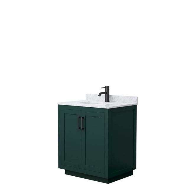 Wyndham Collection - Miranda 30 Inch Single Bathroom Vanity in Green, White Carrara Marble Countertop, Undermount Square Sink, Matte Black Trim