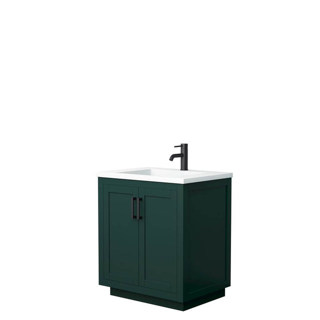 Wyndham Collection - Miranda 30 Inch Single Bathroom Vanity in Green, 1.25 Inch Thick Matte White Solid Surface Countertop, Integrated Sink, Matte Black Trim
