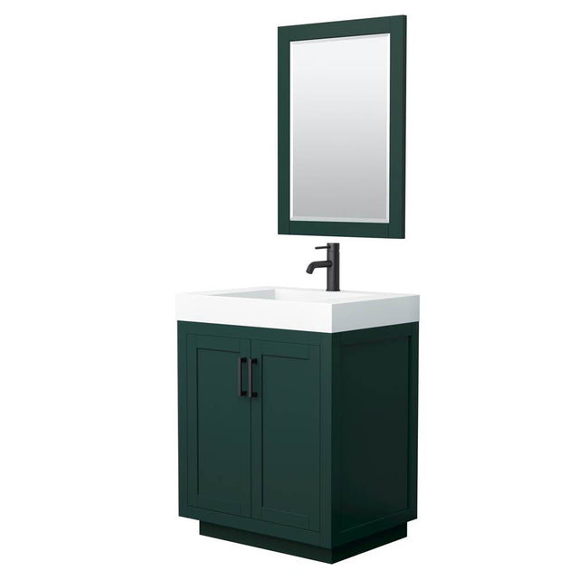 Wyndham Collection - Miranda 30 Inch Single Bathroom Vanity in Green, 4 Inch Thick Matte White Solid Surface Countertop, Integrated Sink, Matte Black Trim, 24 Inch Mirror