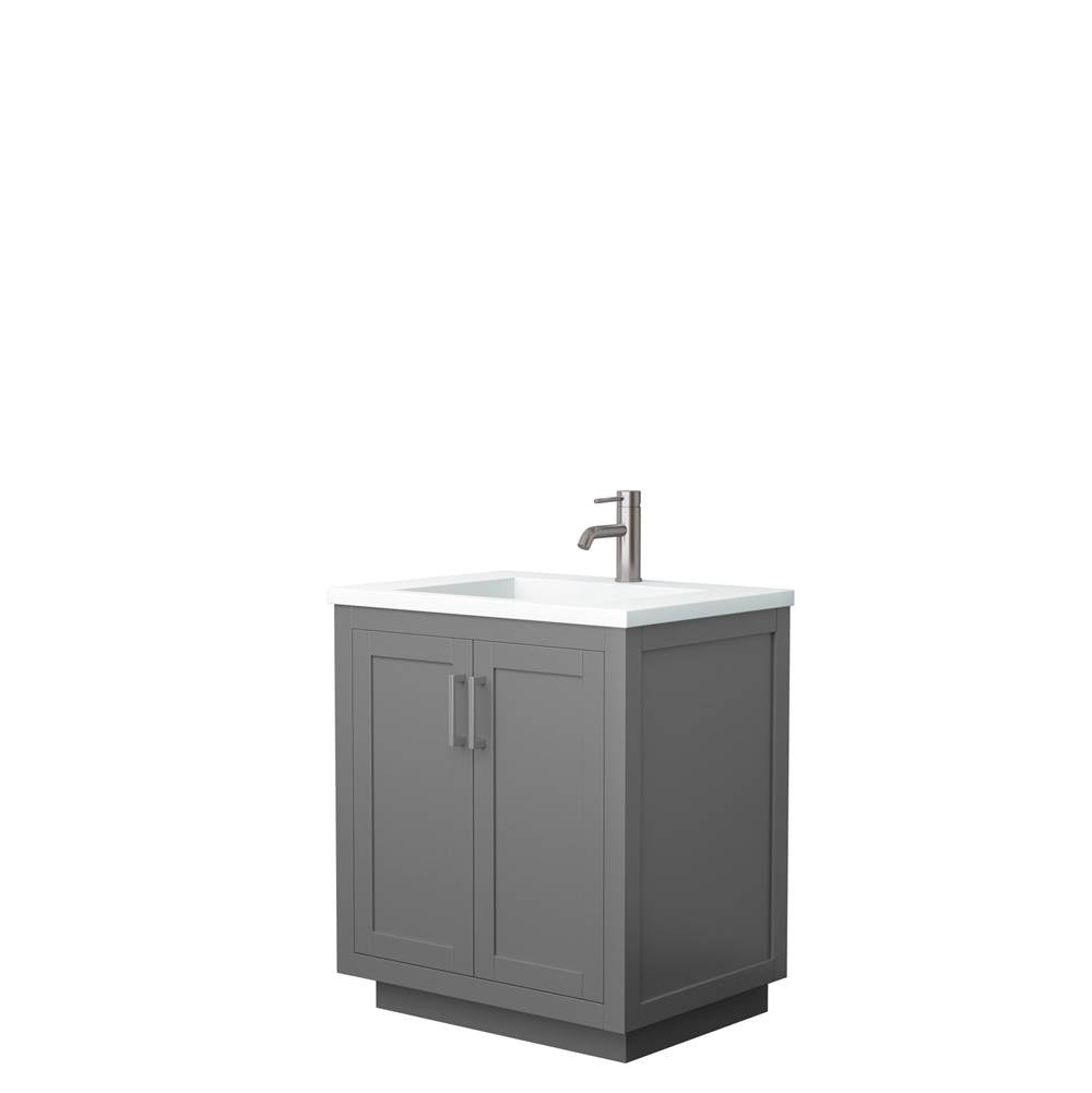 Wyndham Collection - Miranda 30 Inch Single Bathroom Vanity in Dark Gray, 1.25 Inch Thick Matte White Solid Surface Countertop, Integrated Sink, Brushed Nickel Trim