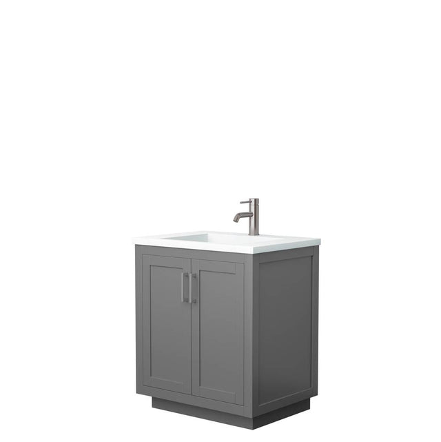 Wyndham Collection - Miranda 30 Inch Single Bathroom Vanity in Dark Gray, 1.25 Inch Thick Matte White Solid Surface Countertop, Integrated Sink, Brushed Nickel Trim