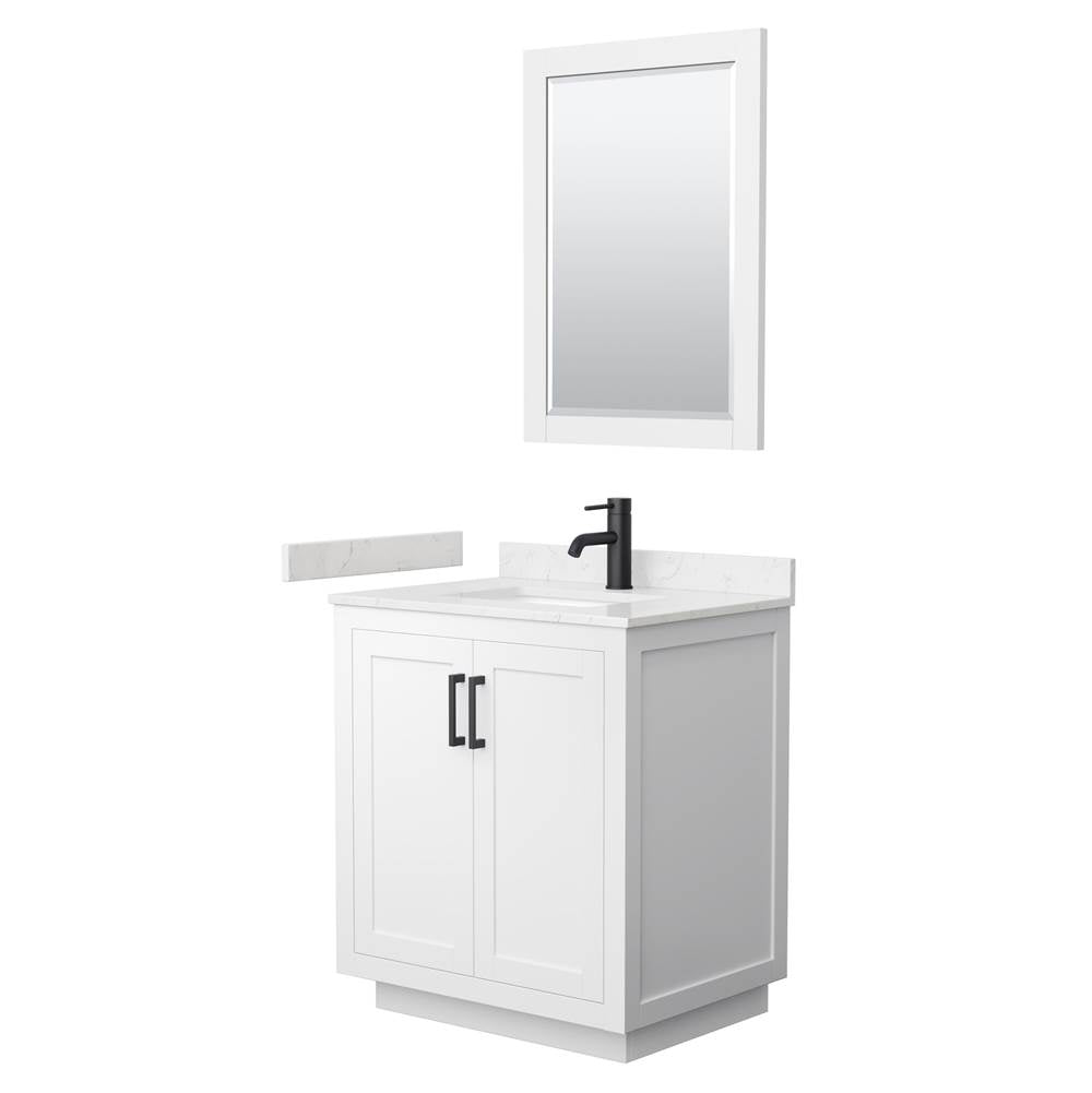 Wyndham Collection - Miranda 30 Inch Single Bathroom Vanity in White, Carrara Cultured Marble Countertop, Undermount Square Sink, Matte Black Trim, 24 Inch Mirror