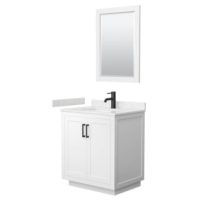 Wyndham Collection - Miranda 30 Inch Single Bathroom Vanity in White, Carrara Cultured Marble Countertop, Undermount Square Sink, Matte Black Trim, 24 Inch Mirror